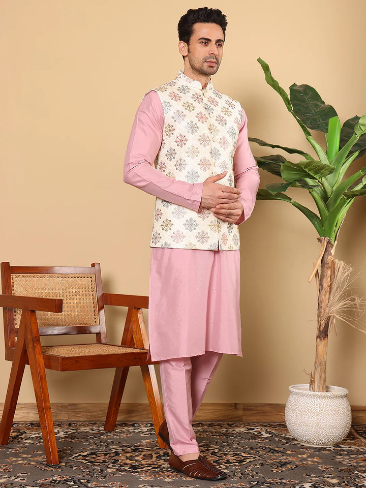 Men's Full Sleeve Pink Kurta Pyjama & White Embroidered Nehru Jacket – White