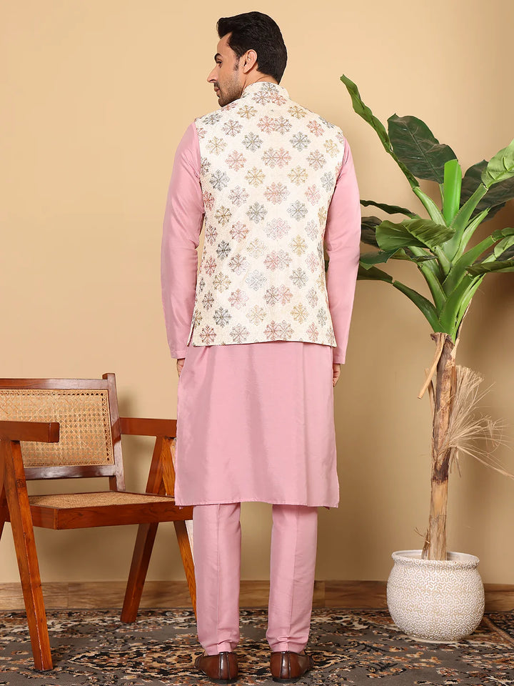Men's Full Sleeve Pink Kurta Pyjama & White Embroidered Nehru Jacket – White