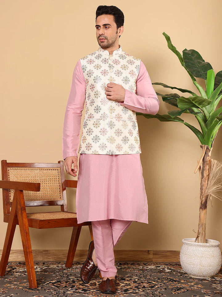 Men's Full Sleeve Pink Kurta Pyjama & White Embroidered Nehru Jacket – White