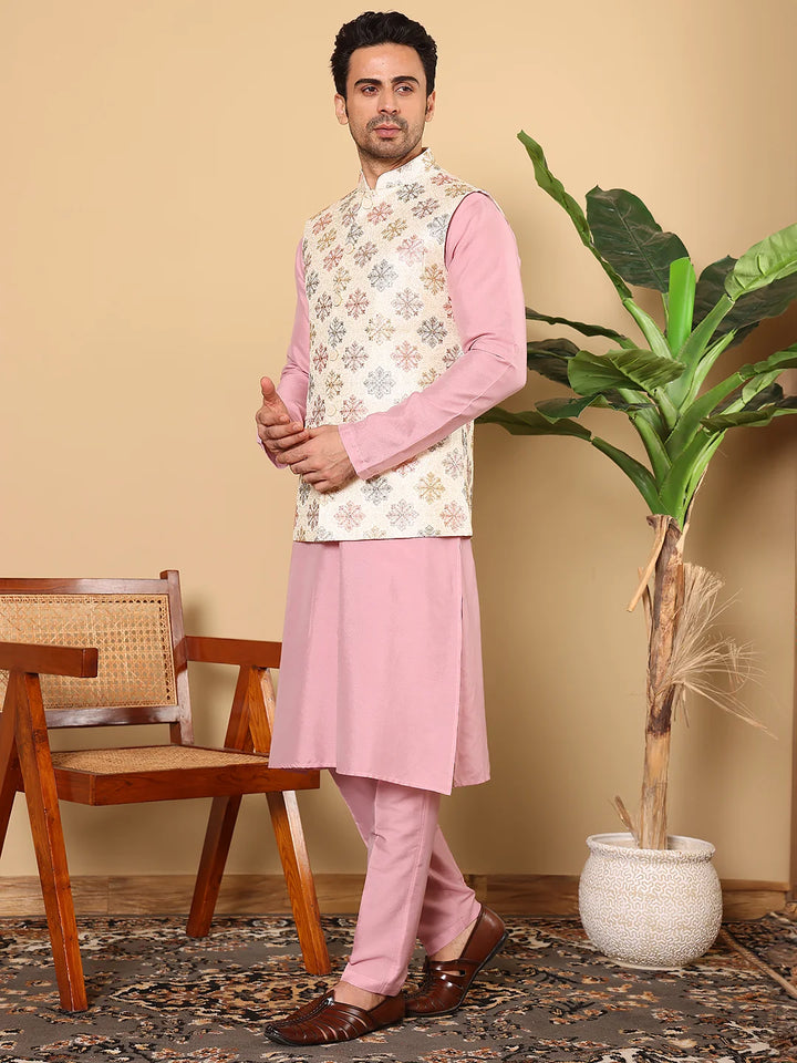 Men's Full Sleeve Pink Kurta Pyjama & White Embroidered Nehru Jacket – White
