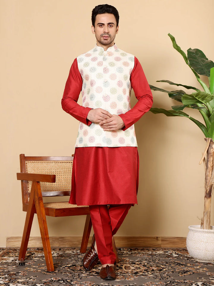Men's Full Sleeve Red Kurta Pyjama & White Embroidered Nehru Jacket – White