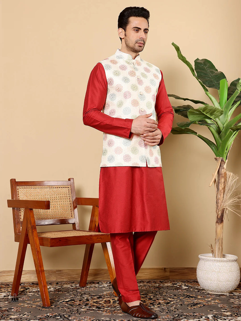 Men's Full Sleeve Red Kurta Pyjama & White Embroidered Nehru Jacket – White