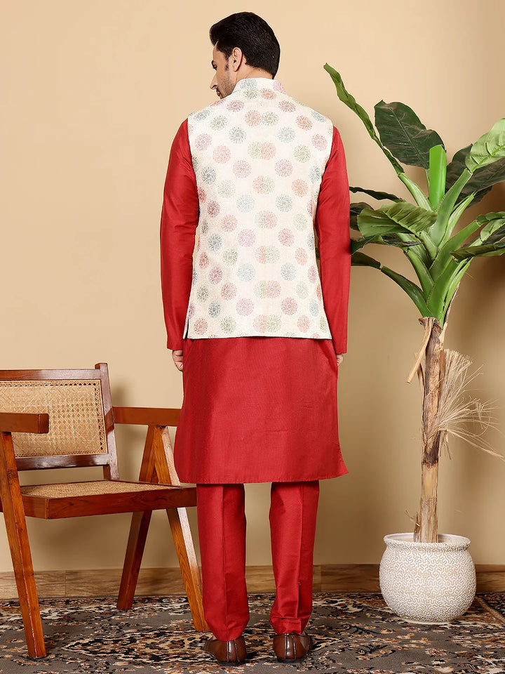 Men's Full Sleeve Red Kurta Pyjama & White Embroidered Nehru Jacket – White