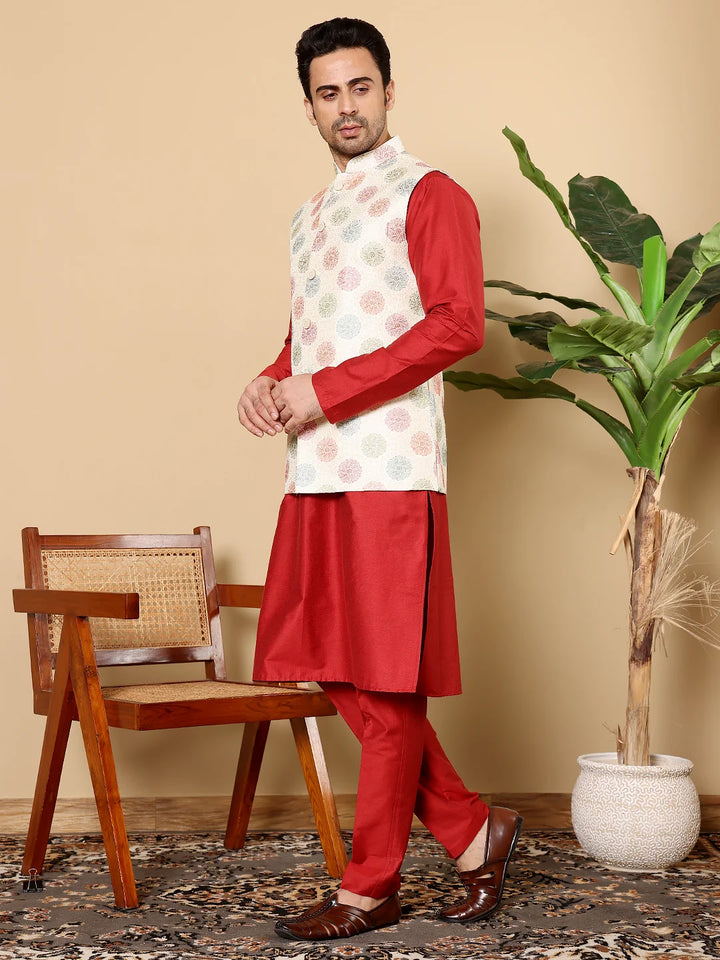 Men's Full Sleeve Red Kurta Pyjama & White Embroidered Nehru Jacket – White