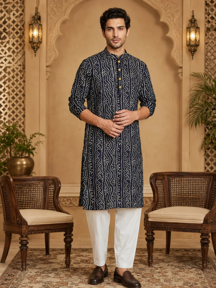 Navy Blue Cotton Printed Kurta for Men
