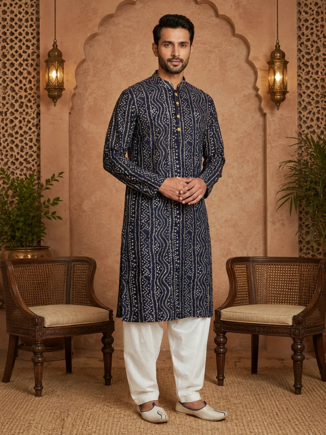 Navy Blue Cotton Printed Kurta for Men