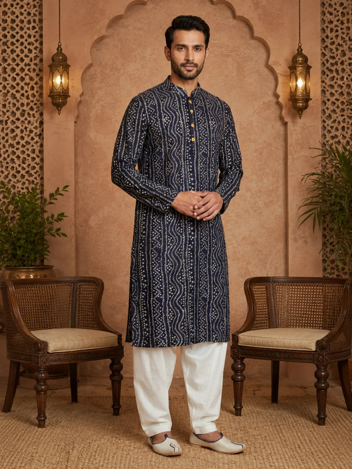 Navy Blue Cotton Printed Kurta for Men