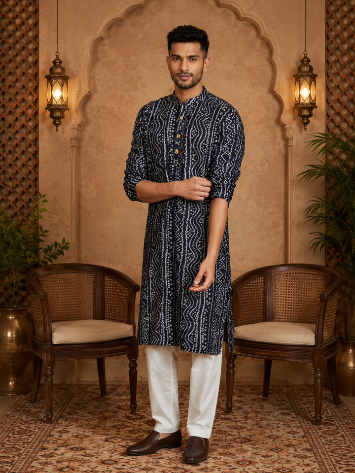 Navy Blue Cotton Printed Kurta for Men