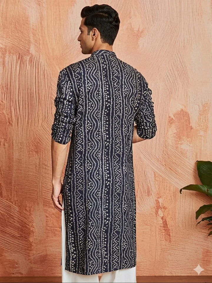Navy Blue Cotton Printed Kurta for Men