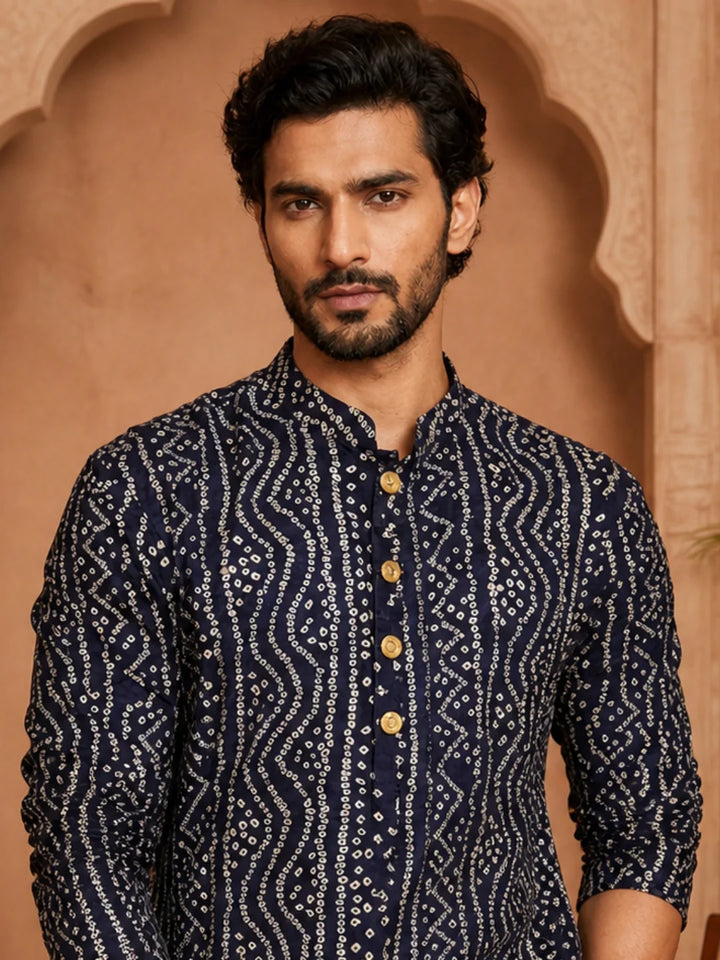 Navy Blue Cotton Printed Kurta for Men