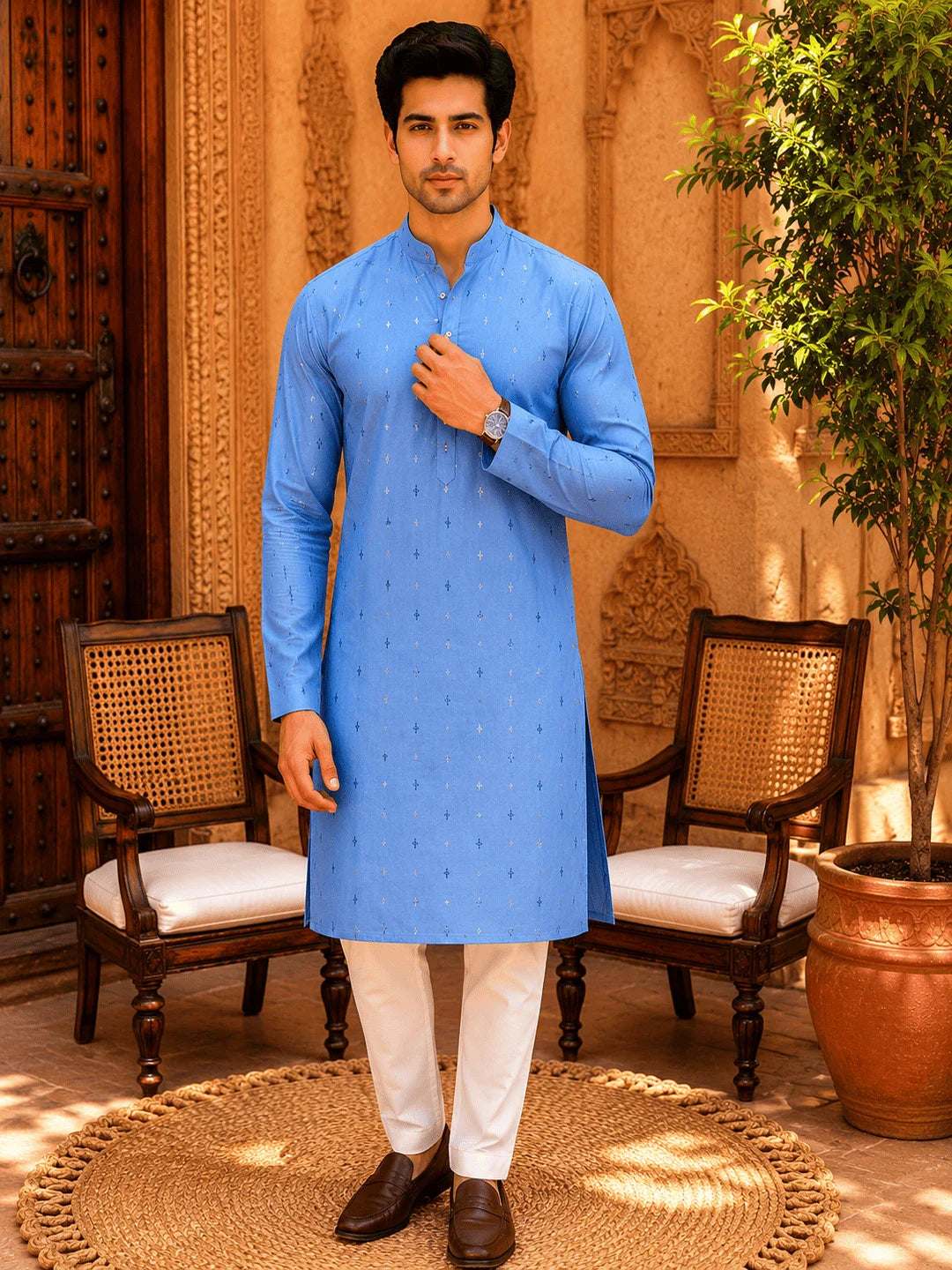 Blue Viscose Rayon Printed Kurta for Men