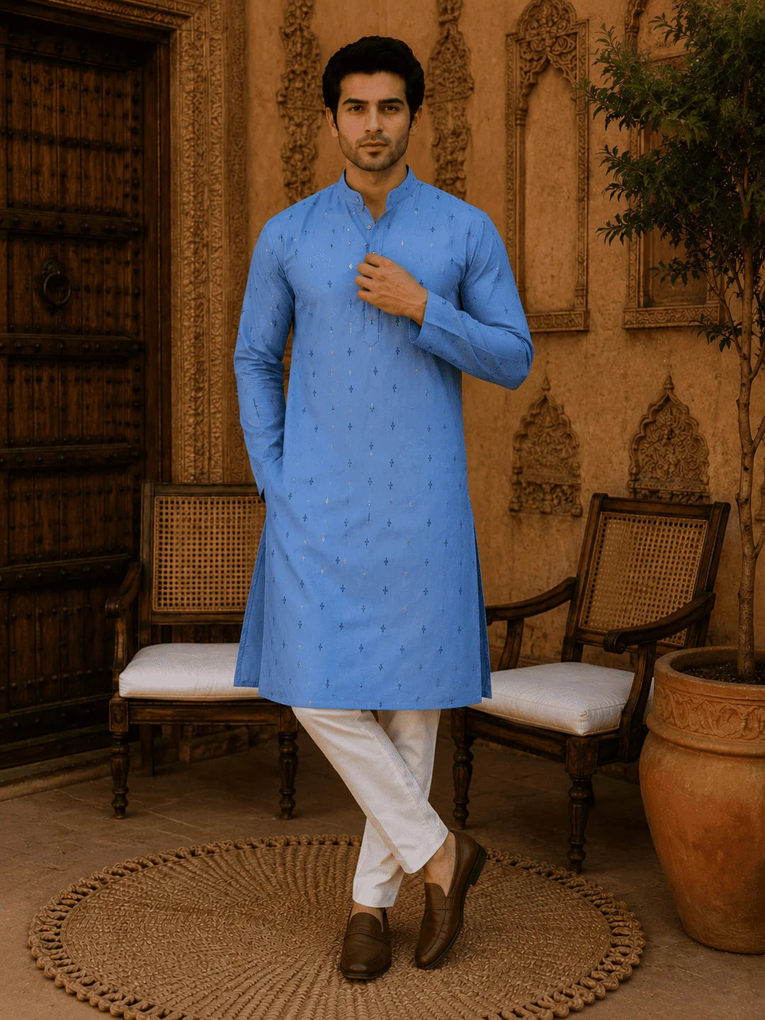 Blue Viscose Rayon Printed Kurta for Men
