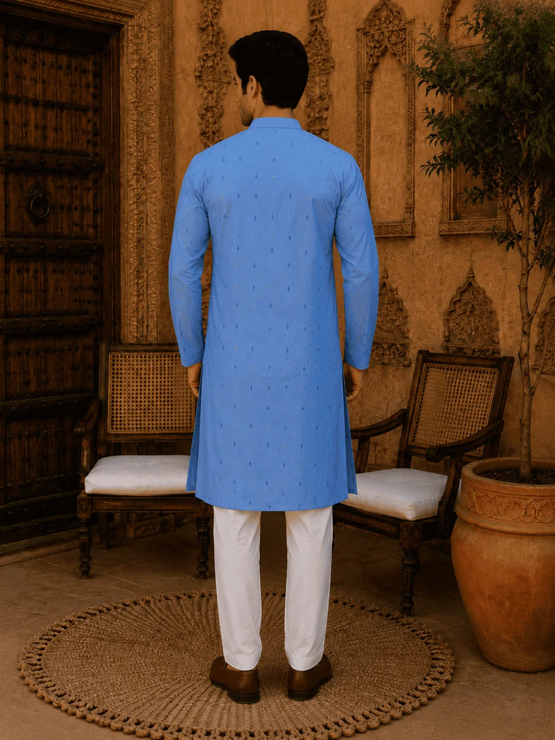 Blue Viscose Rayon Printed Kurta for Men