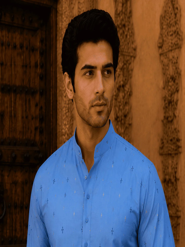 Blue Viscose Rayon Printed Kurta for Men