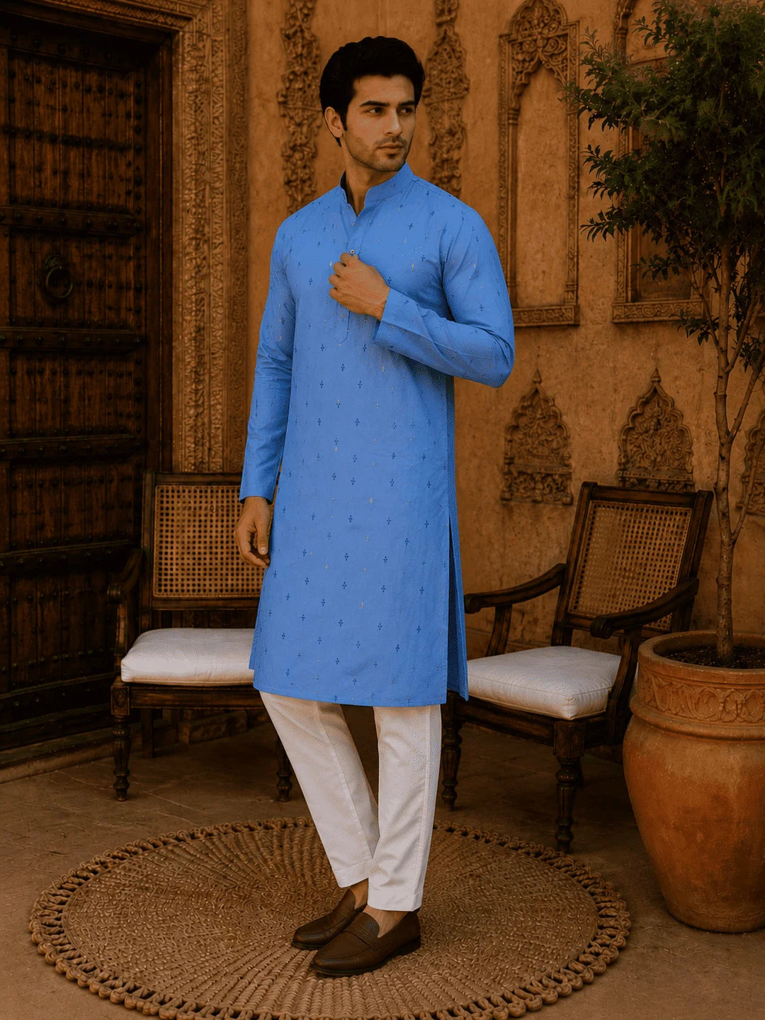 Blue Viscose Rayon Printed Kurta for Men