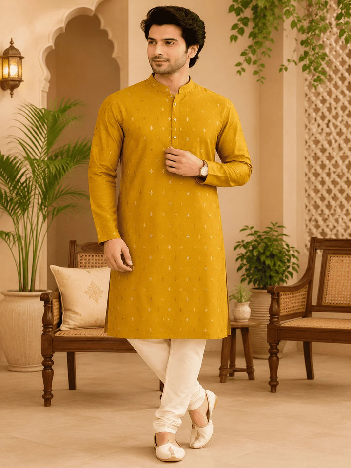 Yellow Viscose Rayon Printed Kurta for Men