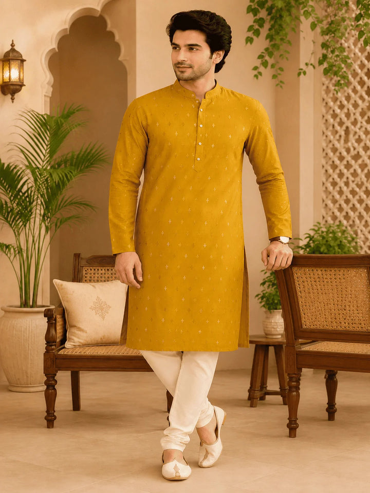 Yellow Viscose Rayon Printed Kurta for Men