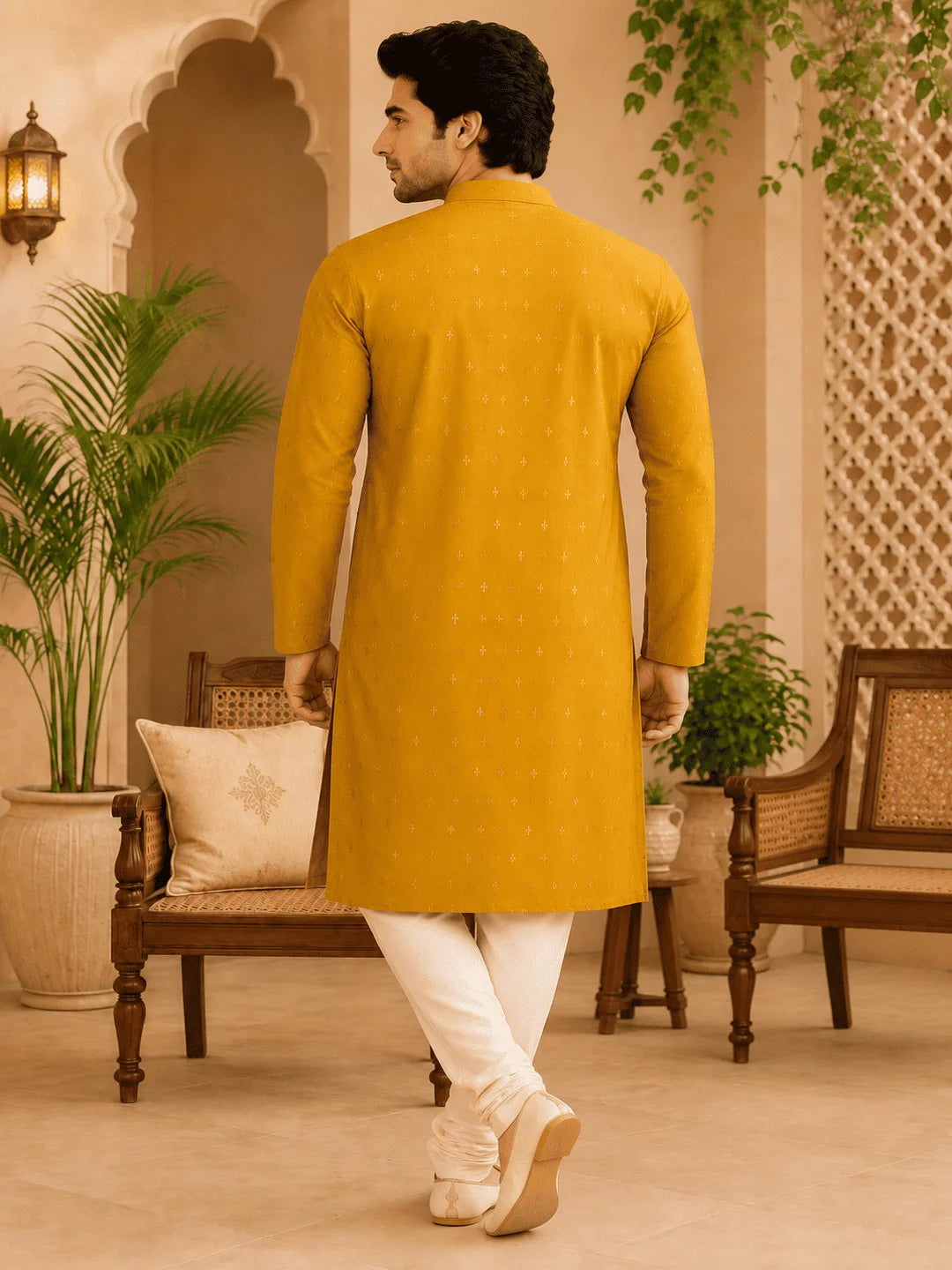 Yellow Viscose Rayon Printed Kurta for Men