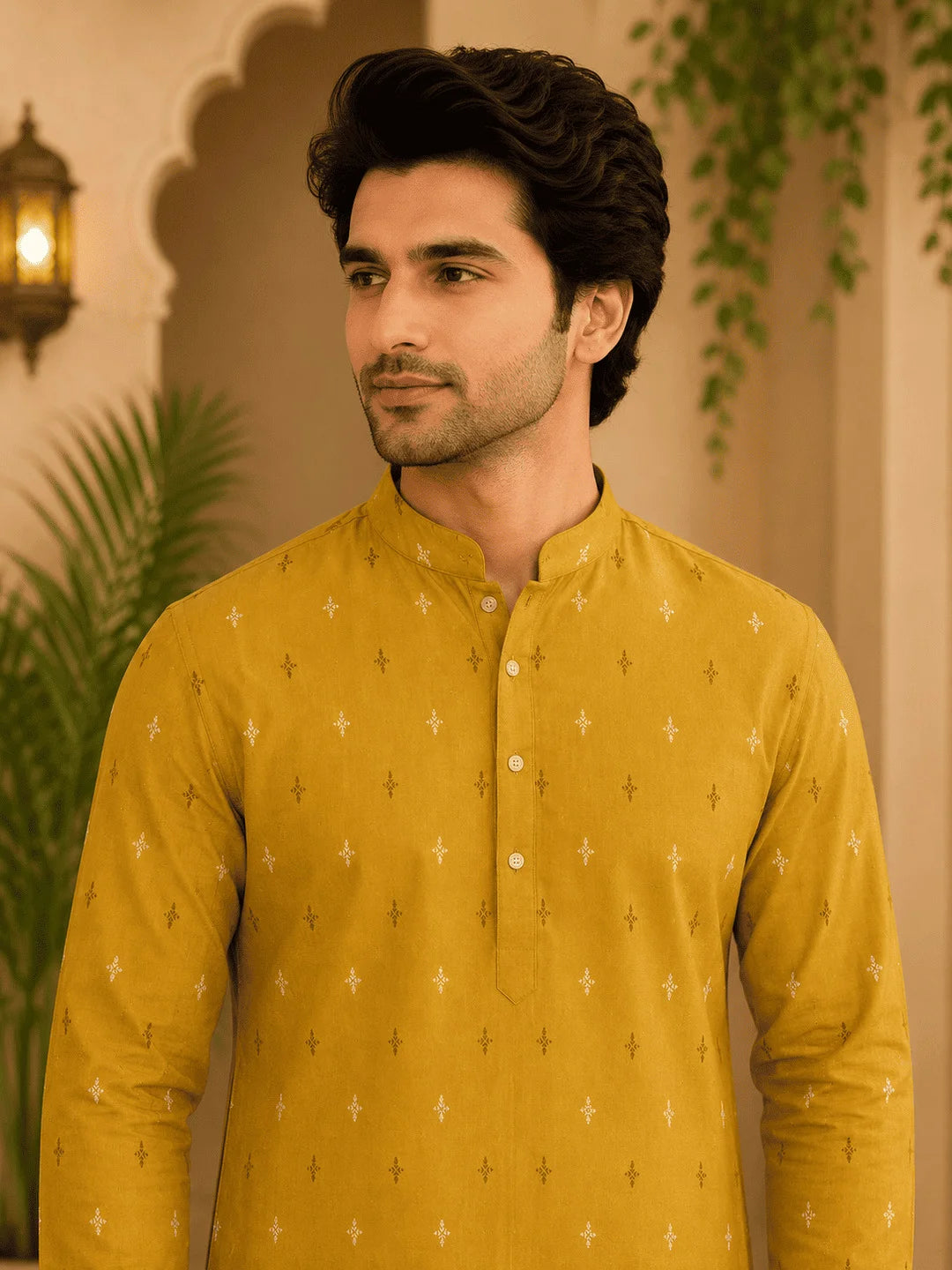 Yellow Viscose Rayon Printed Kurta for Men