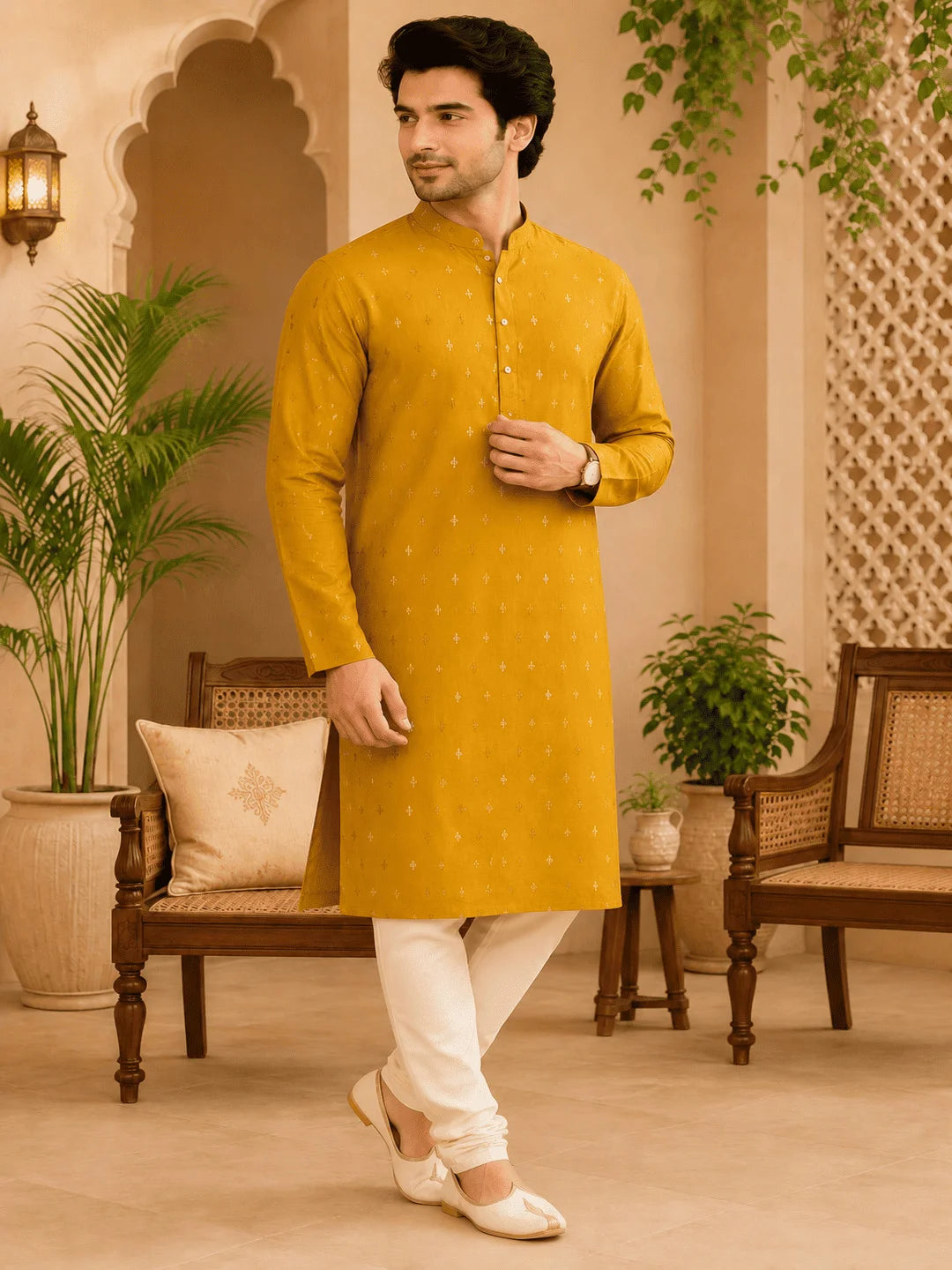 Yellow Viscose Rayon Printed Kurta for Men