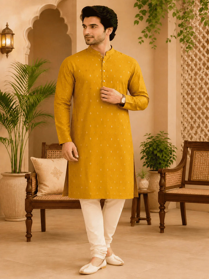 Yellow Viscose Rayon Printed Kurta for Men