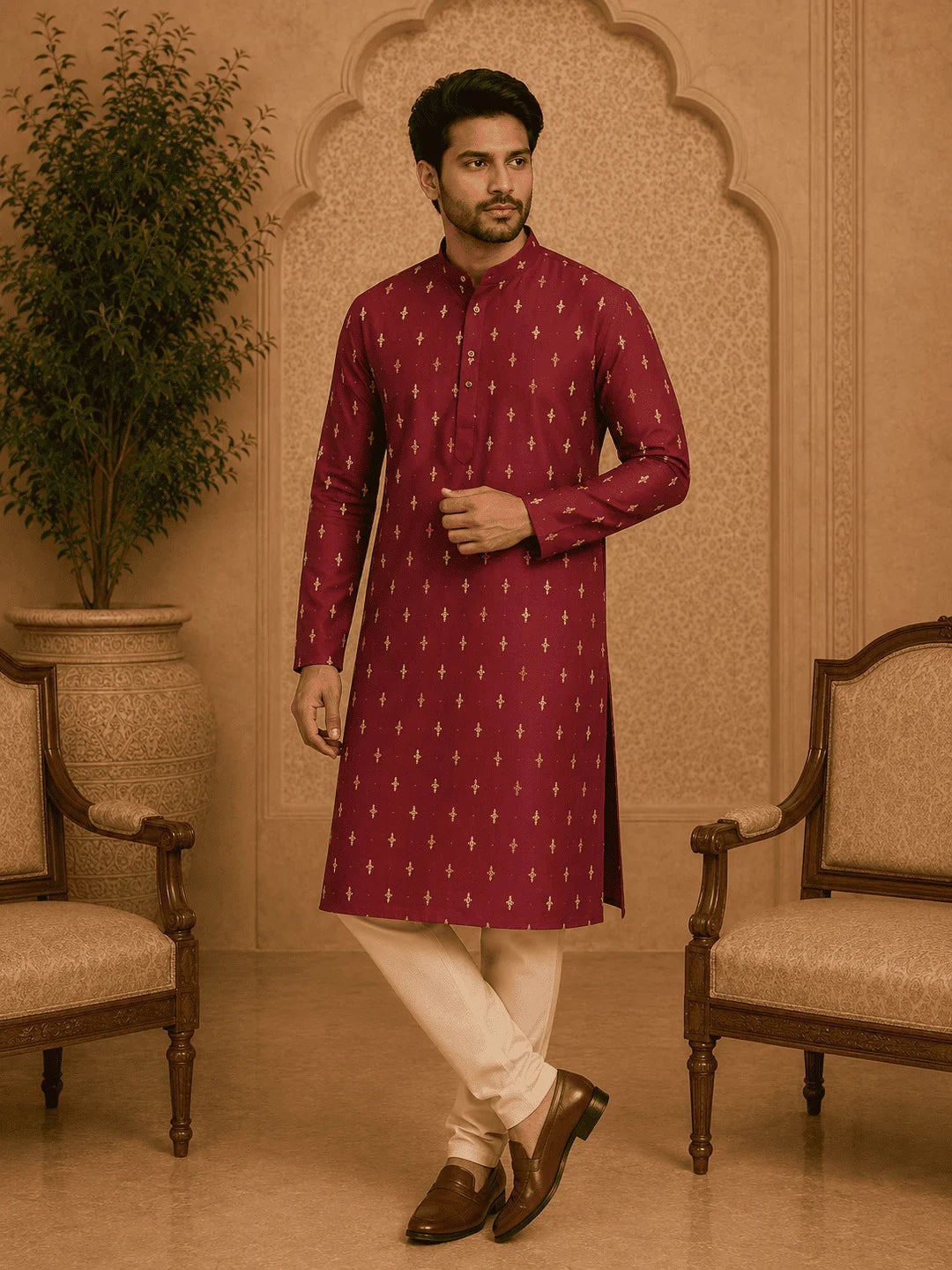 Maroon Viscose Rayon Printed Kurta for Men