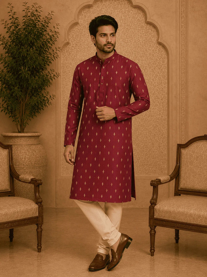 Maroon Viscose Rayon Printed Kurta for Men
