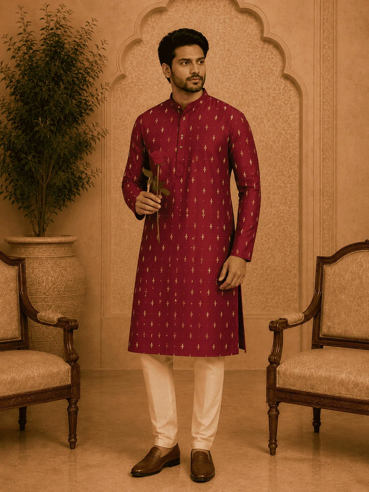 Maroon Viscose Rayon Printed Kurta for Men