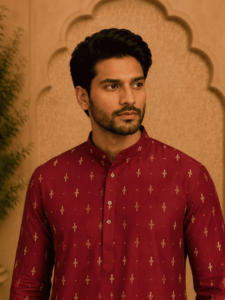 Maroon Viscose Rayon Printed Kurta for Men