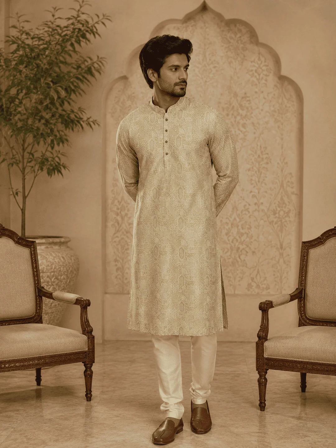 Light Green Viscose Rayon Printed Kurta for Men
