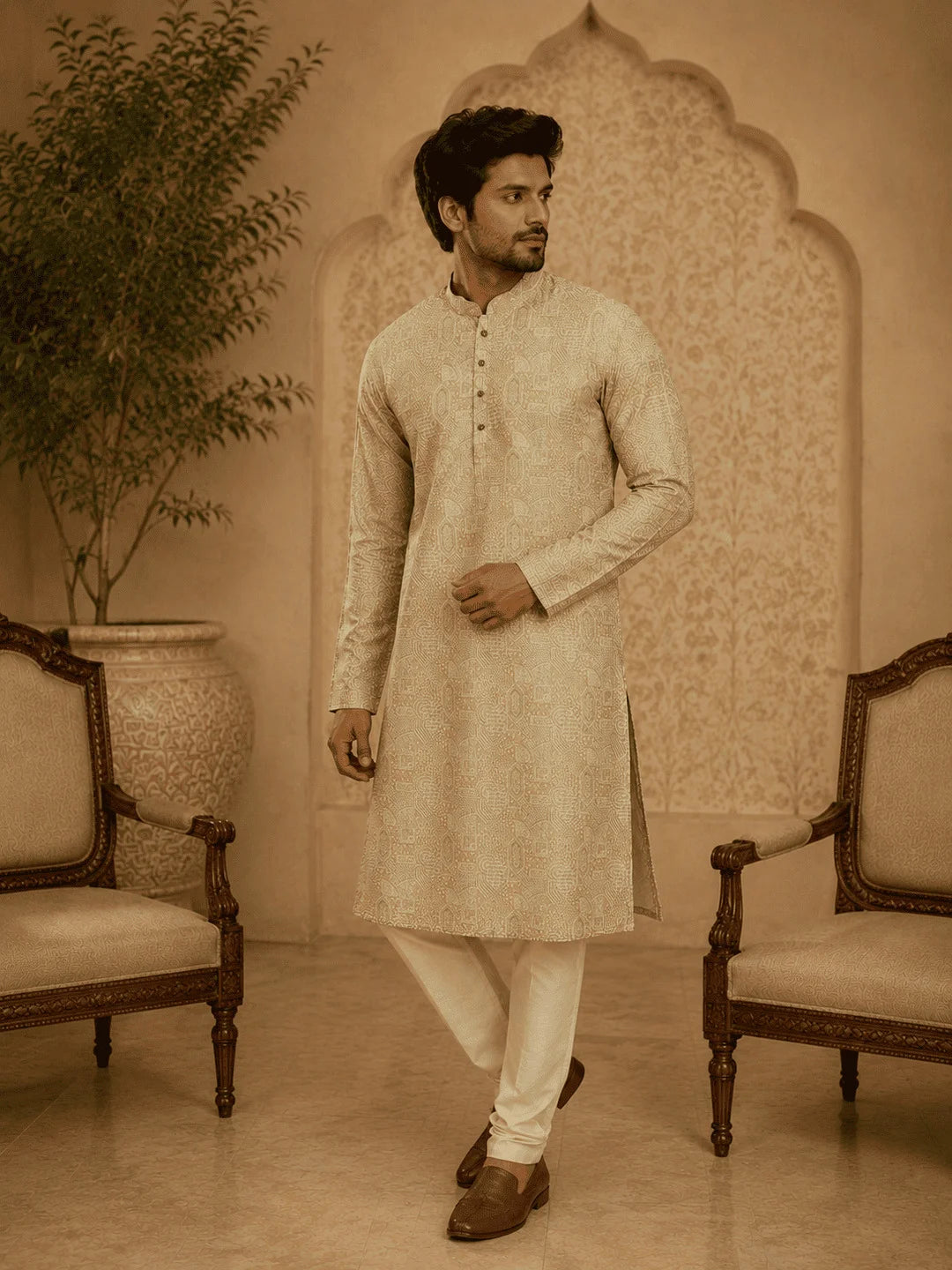 Light Green Viscose Rayon Printed Kurta for Men
