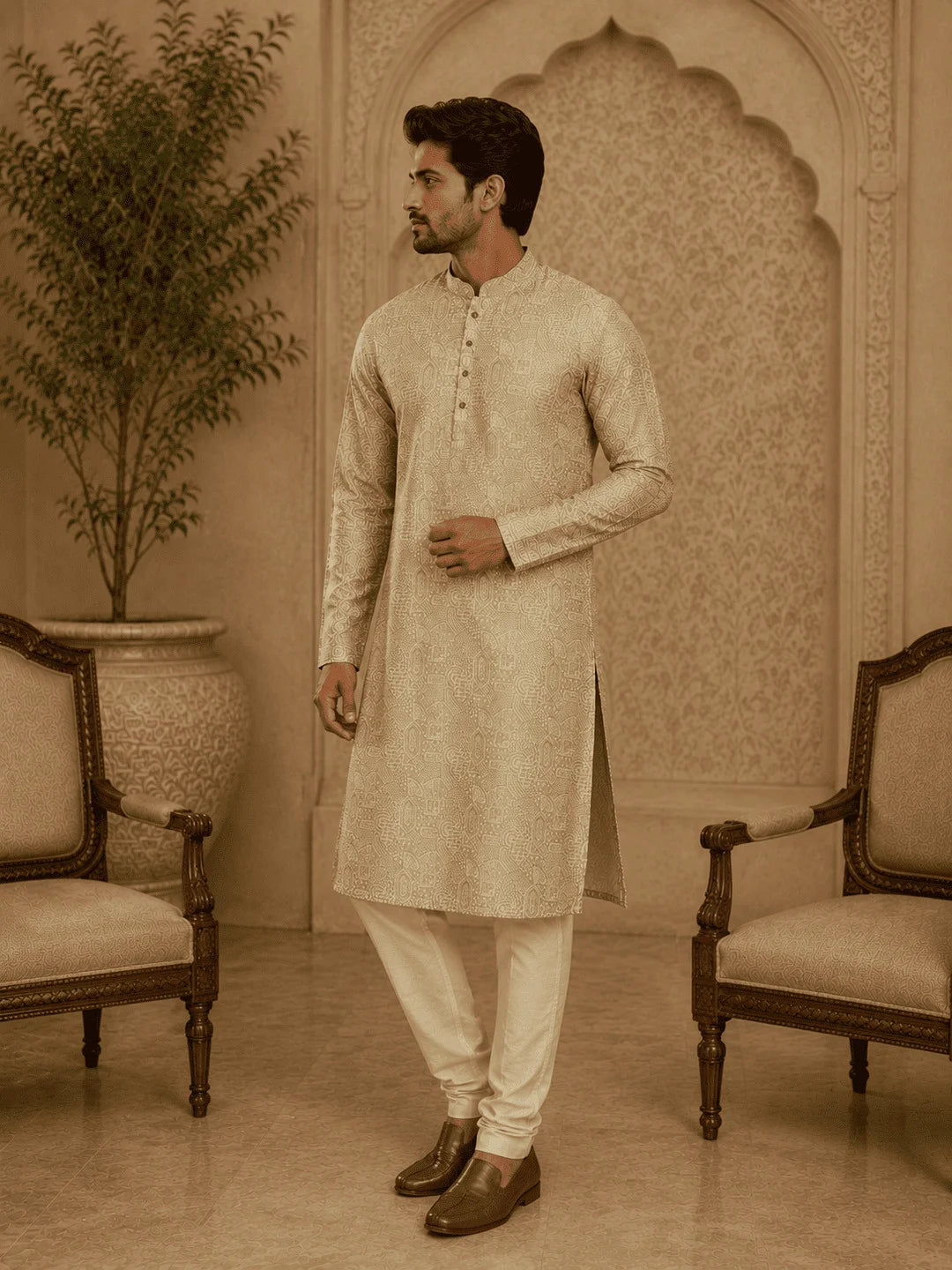 Light Green Viscose Rayon Printed Kurta for Men