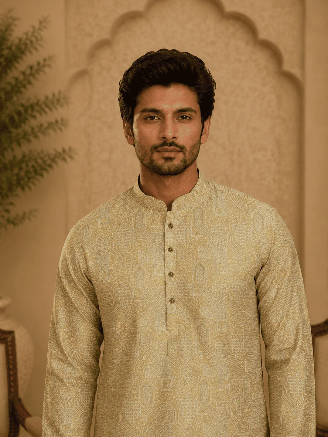 Light Green Viscose Rayon Printed Kurta for Men