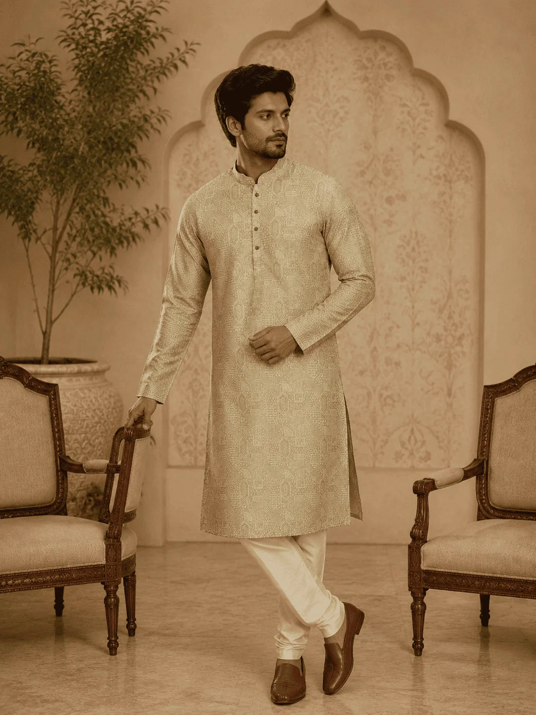 Light Green Viscose Rayon Printed Kurta for Men