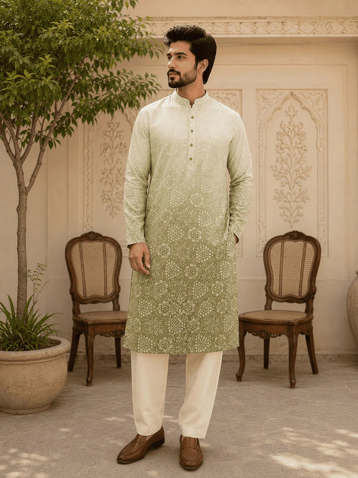 Sage Green Ombre Viscose Rayon Printed Kurta for Men