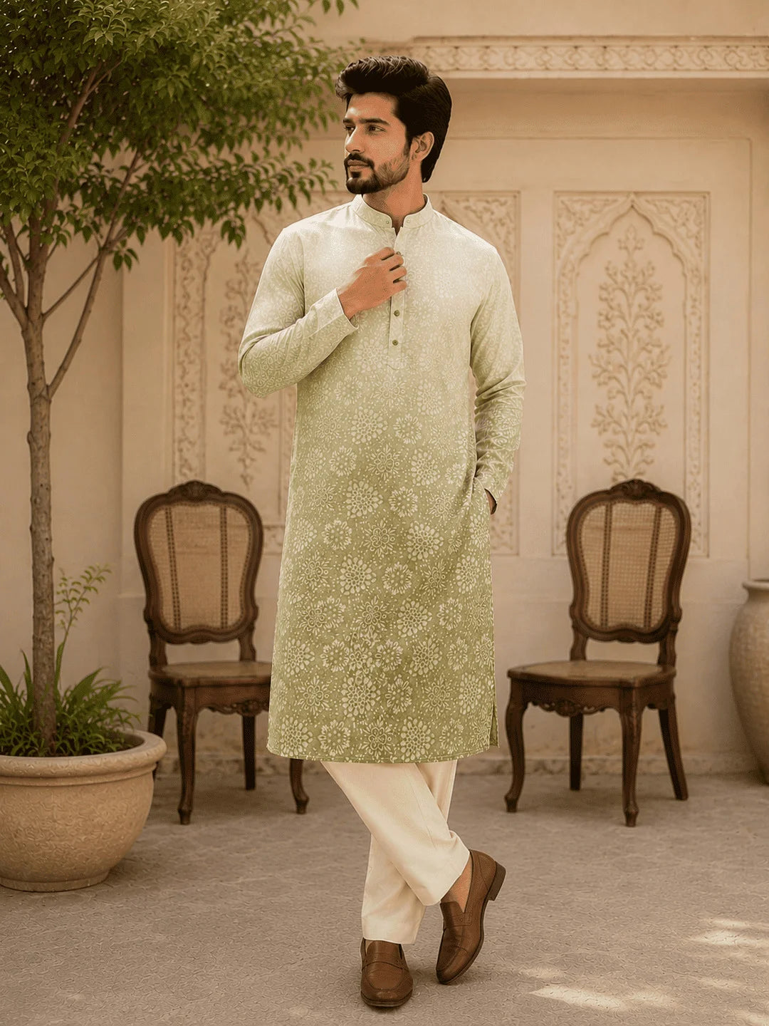 Sage Green Ombre Viscose Rayon Printed Kurta for Men