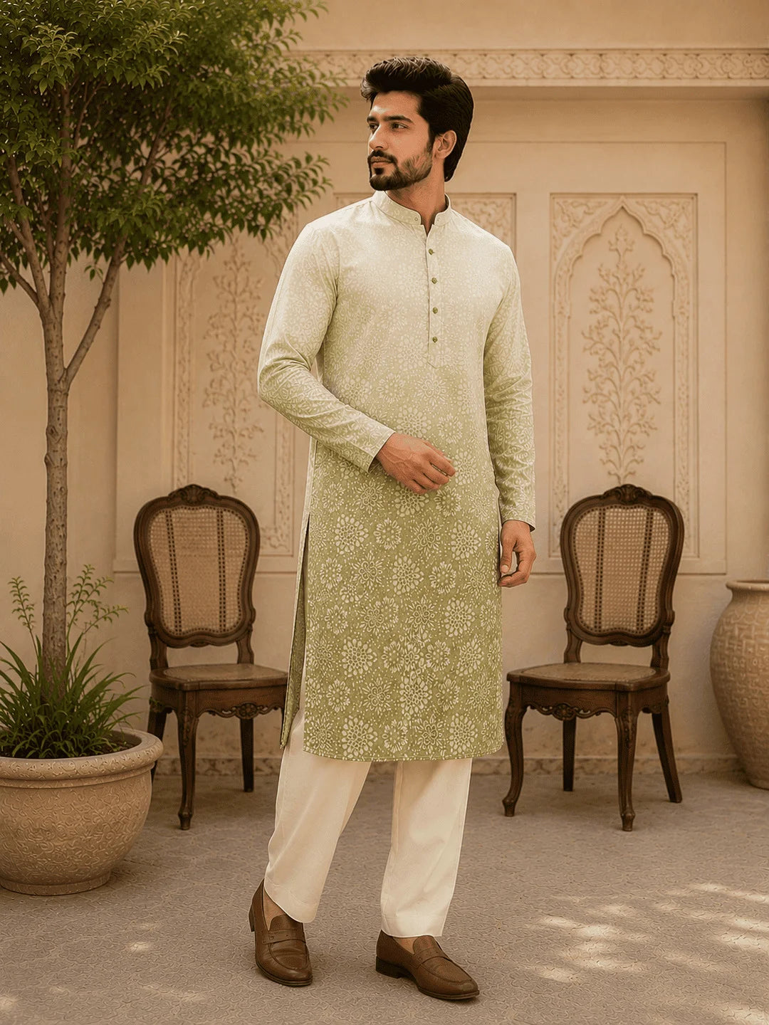 Sage Green Ombre Viscose Rayon Printed Kurta for Men