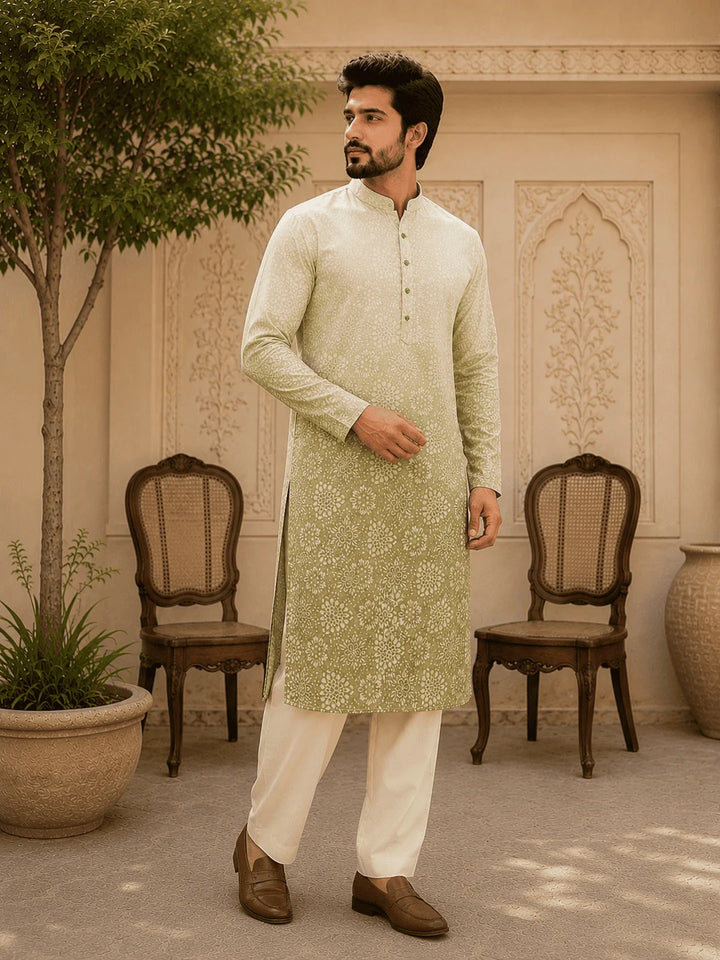 Sage Green Ombre Viscose Rayon Printed Kurta for Men