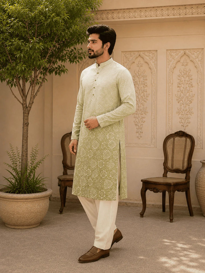 Sage Green Ombre Viscose Rayon Printed Kurta for Men
