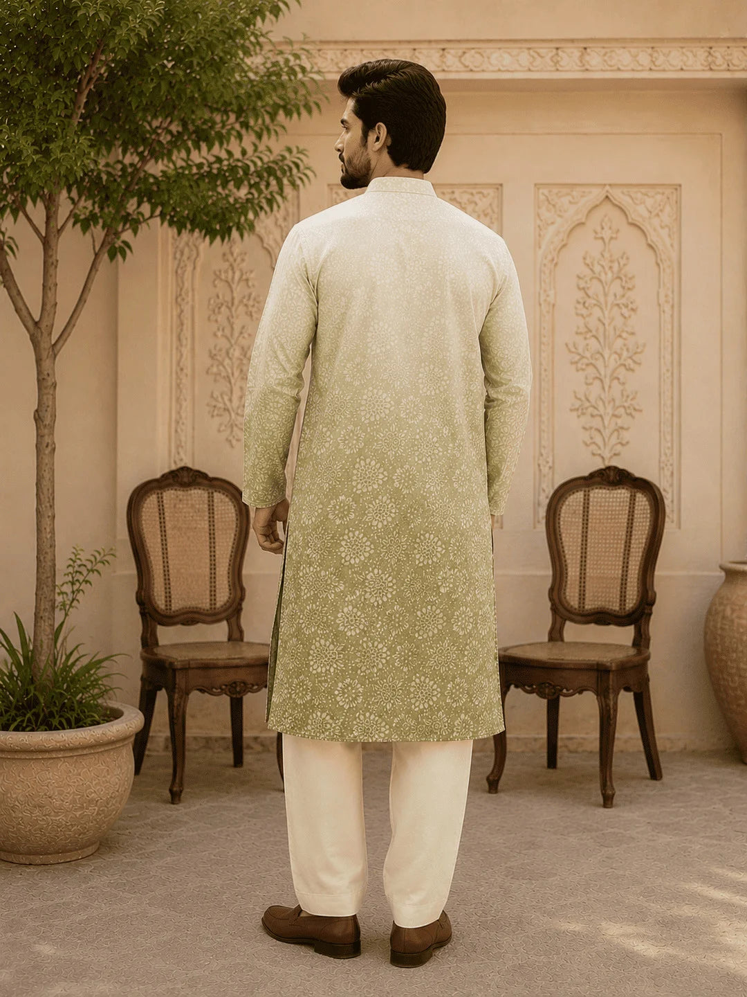 Sage Green Ombre Viscose Rayon Printed Kurta for Men
