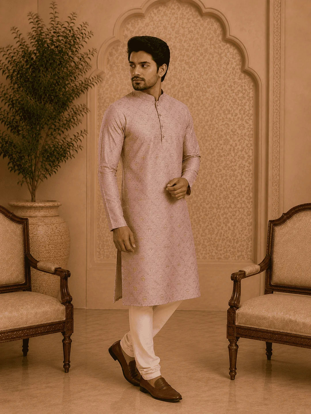Peach Viscose Rayon Printed Kurta for Men