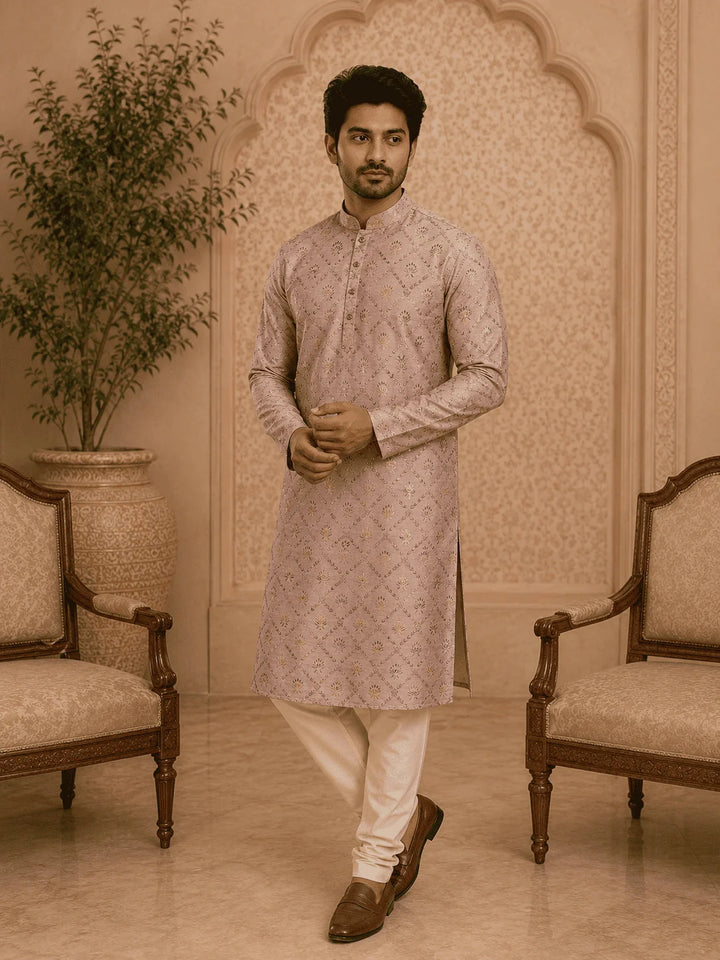 Peach Viscose Rayon Printed Kurta for Men