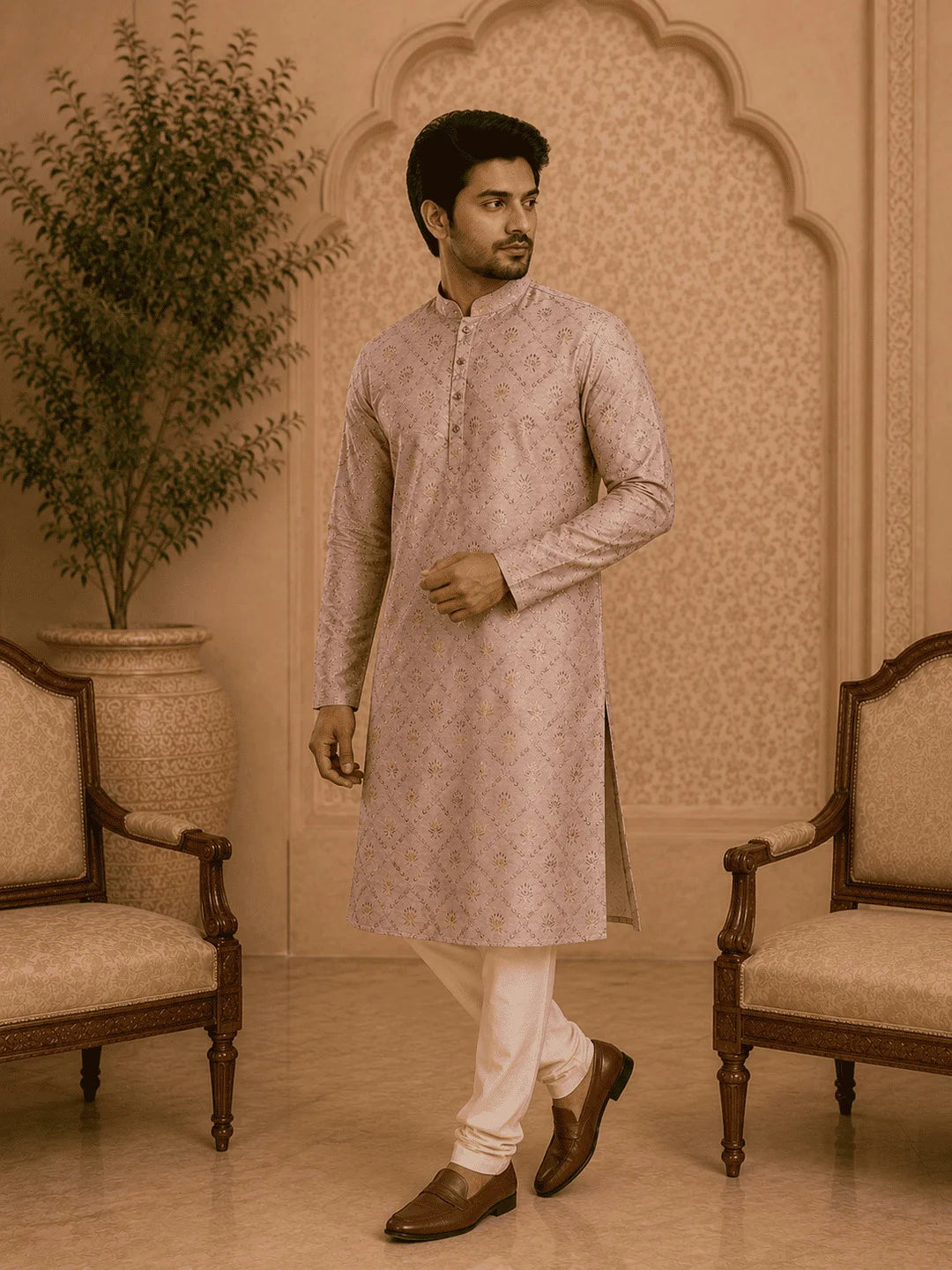 Peach Viscose Rayon Printed Kurta for Men