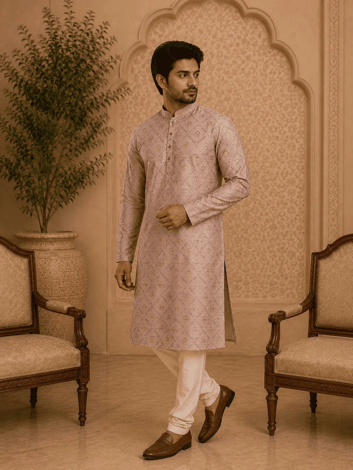 Peach Viscose Rayon Printed Kurta for Men