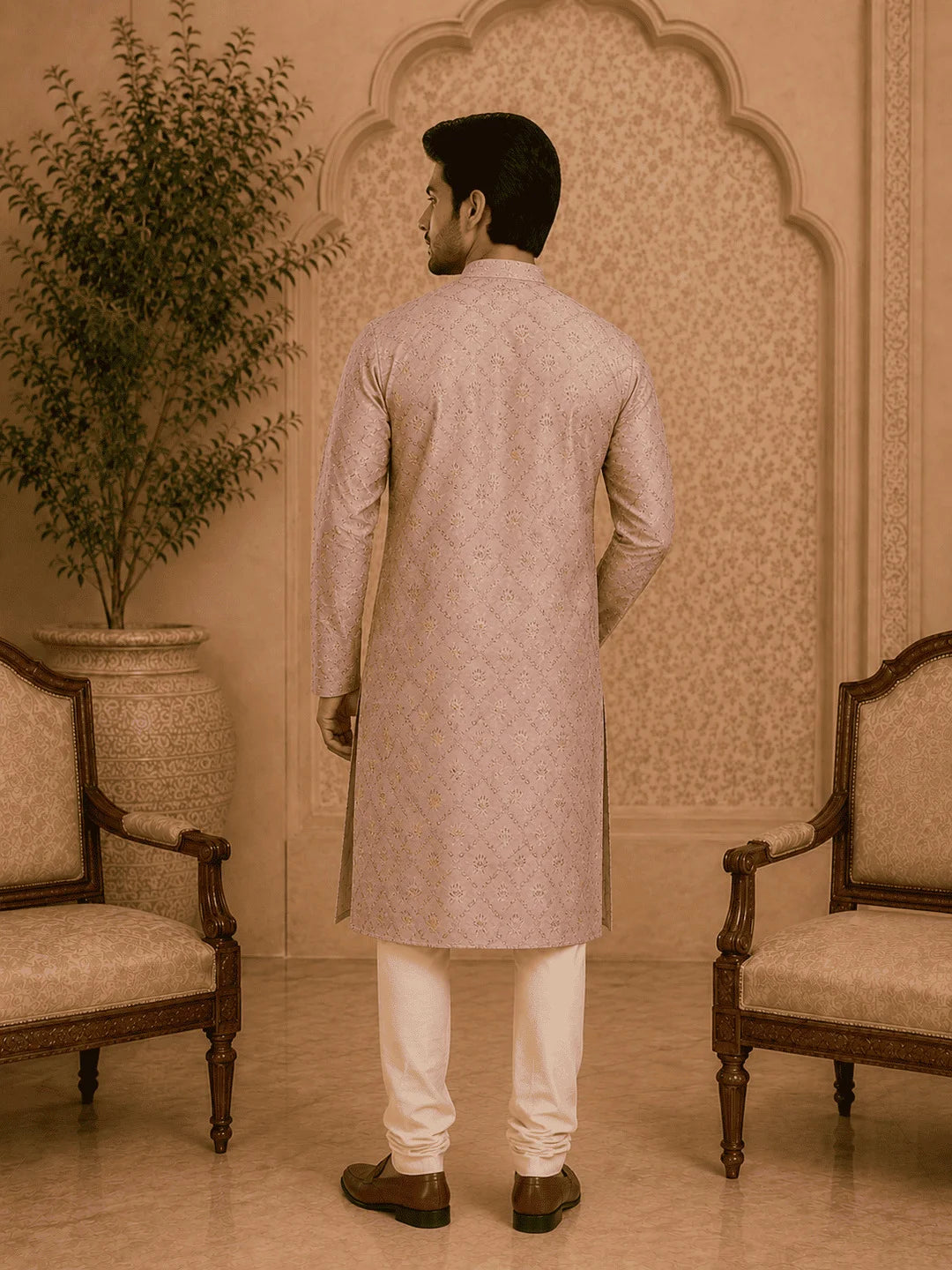 Peach Viscose Rayon Printed Kurta for Men