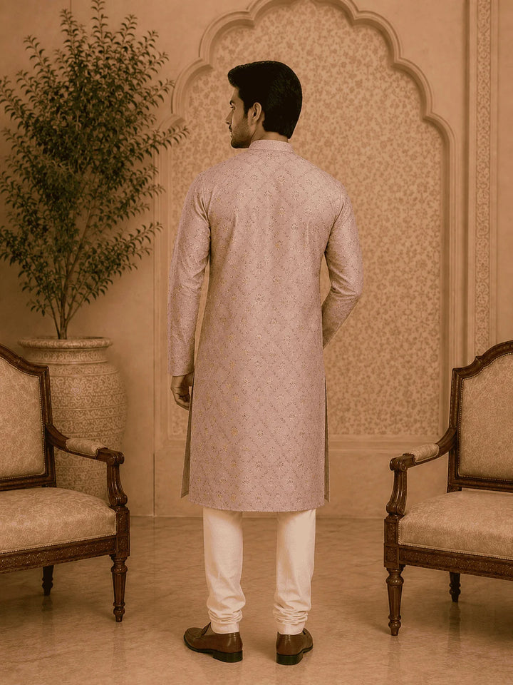 Peach Viscose Rayon Printed Kurta for Men