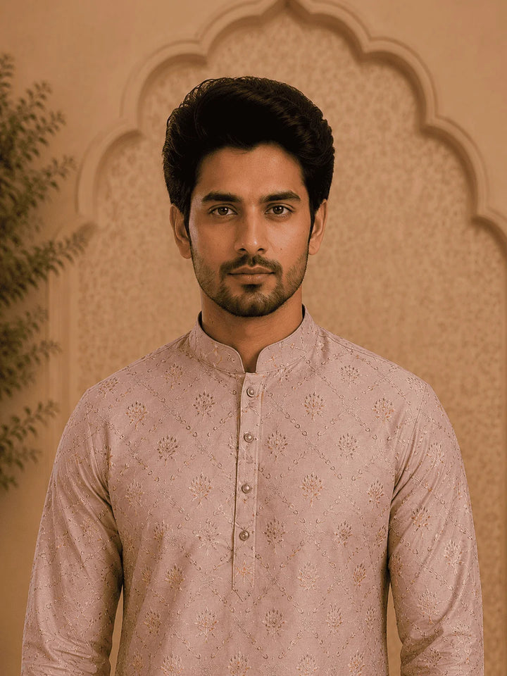 Peach Viscose Rayon Printed Kurta for Men