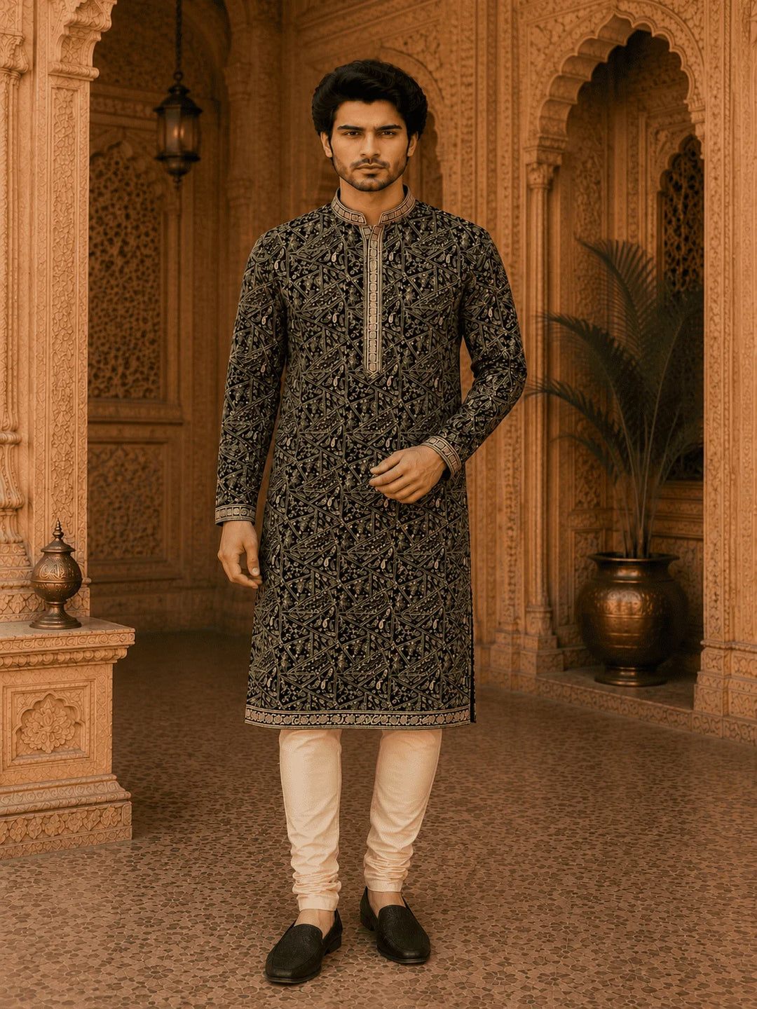 Black Printed Viscose Rayon Kurta Pyjama