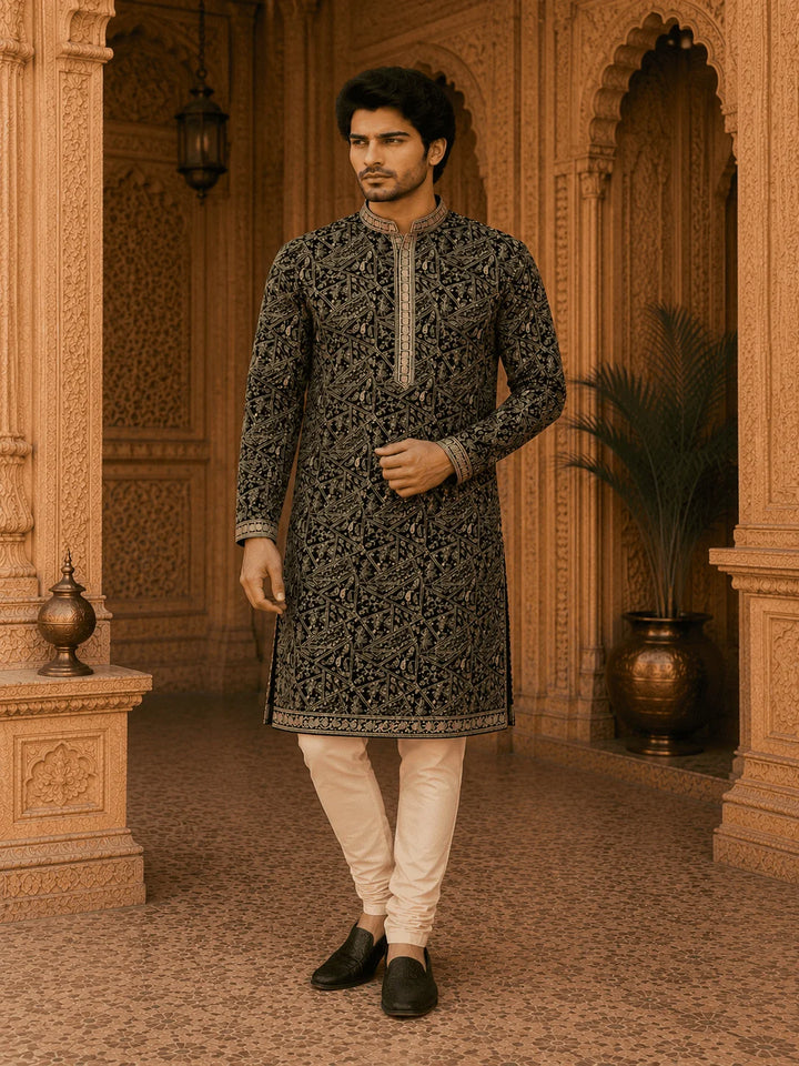Black Printed Viscose Rayon Kurta Pyjama
