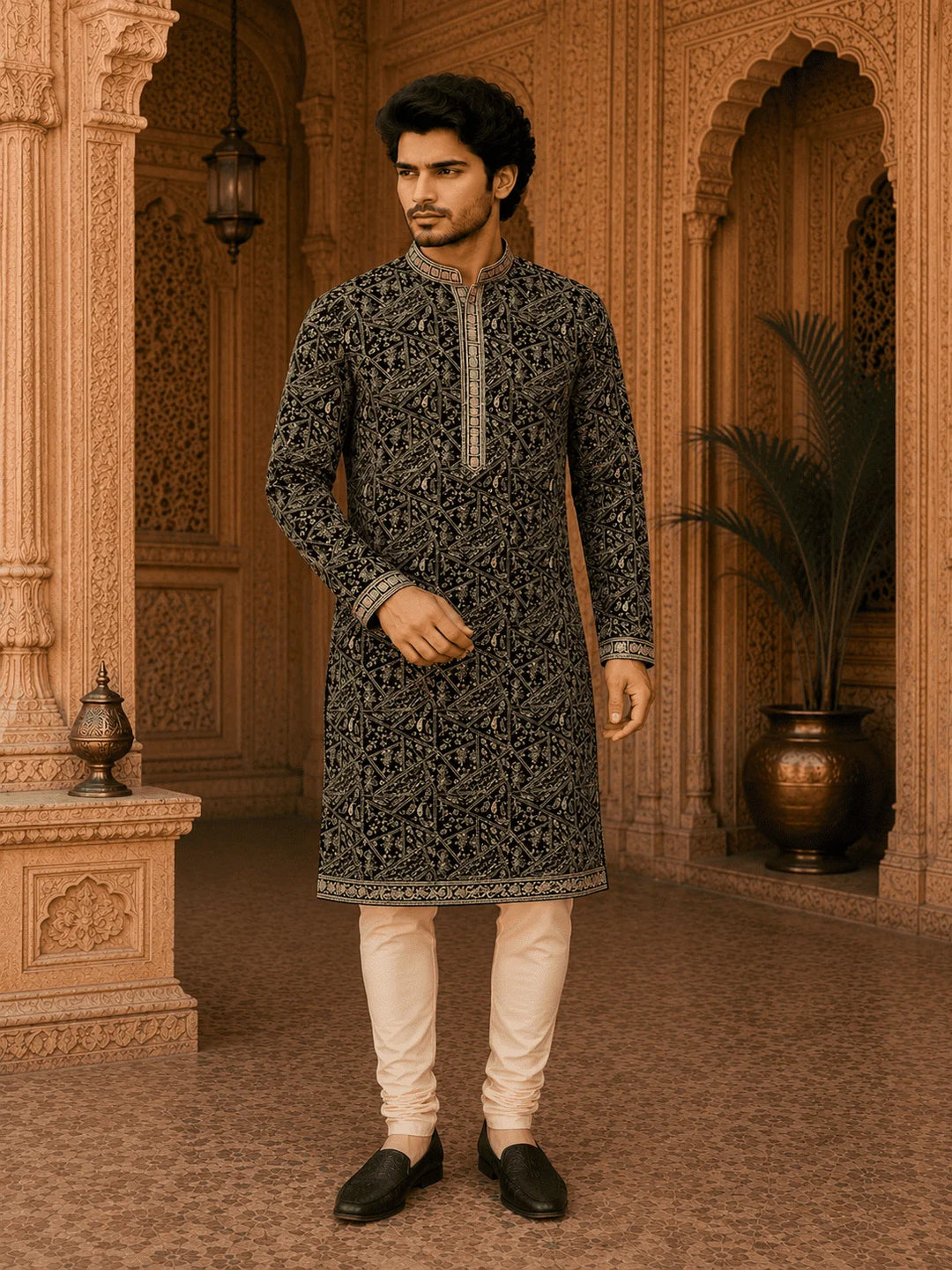 Black Printed Viscose Rayon Kurta Pyjama